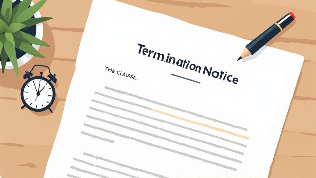 Termination notice document on desk with pencil, clock, and plant showing contract cancellation