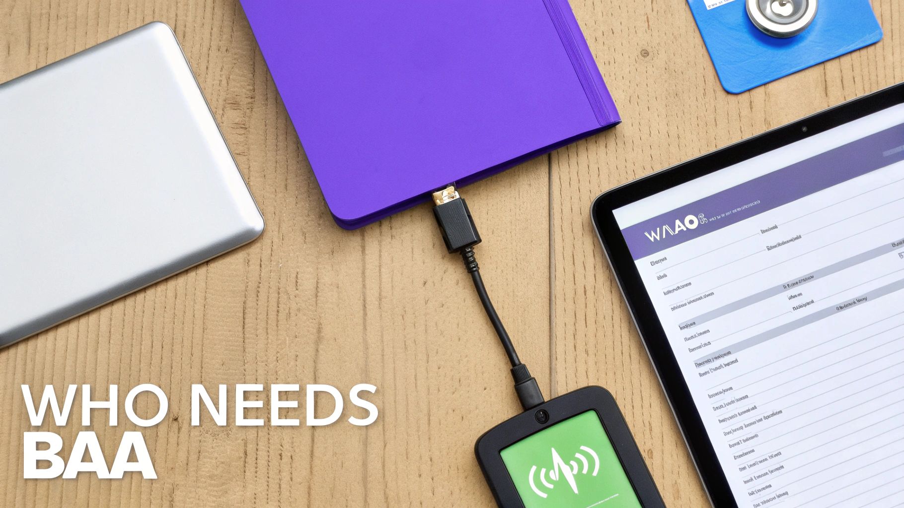 Digital devices, a tablet with a data display, and a connected gadget on a wooden desk.