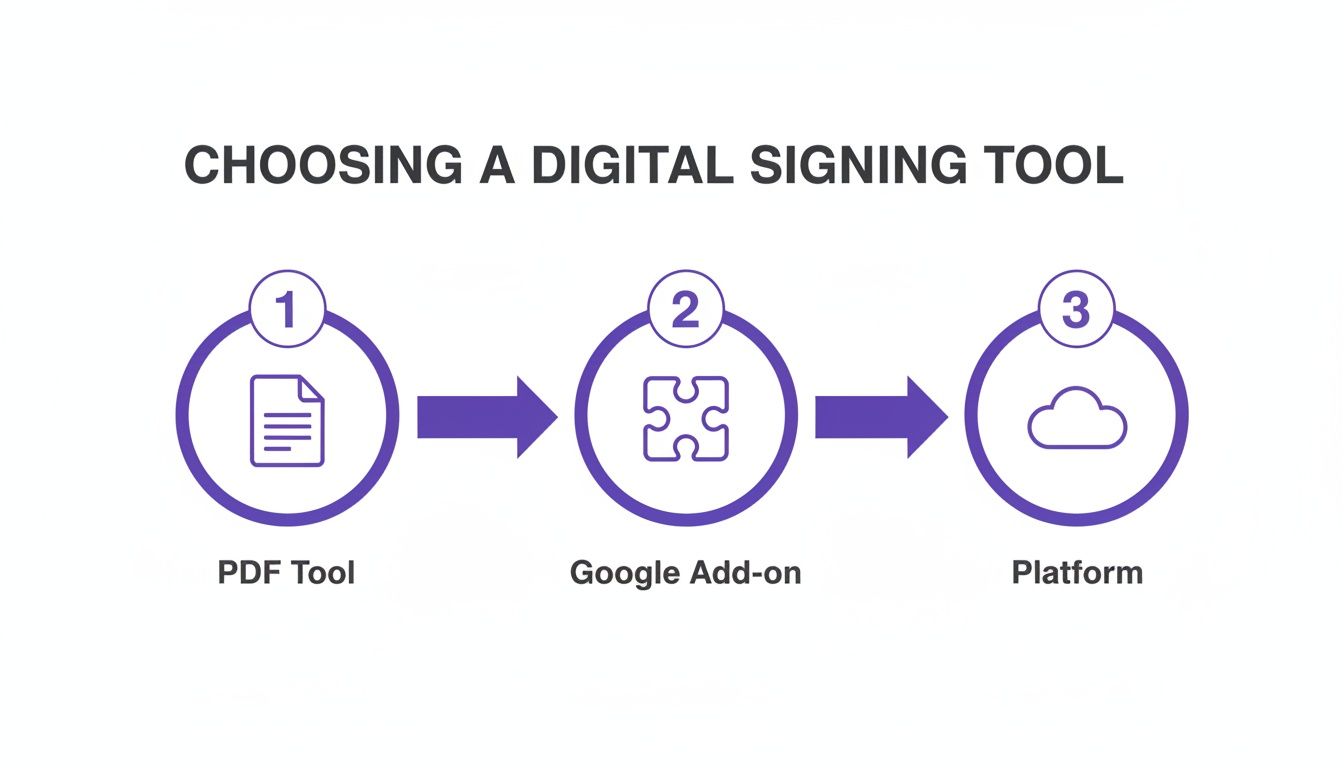 Visual guide demonstrating three options for choosing a digital signing tool: PDF, Google Add-on, and Platform.