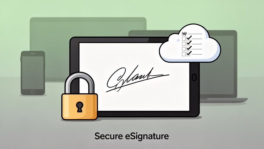 An illustration depicting a secure eSignature process on a tablet, with a padlock and cloud checklist.