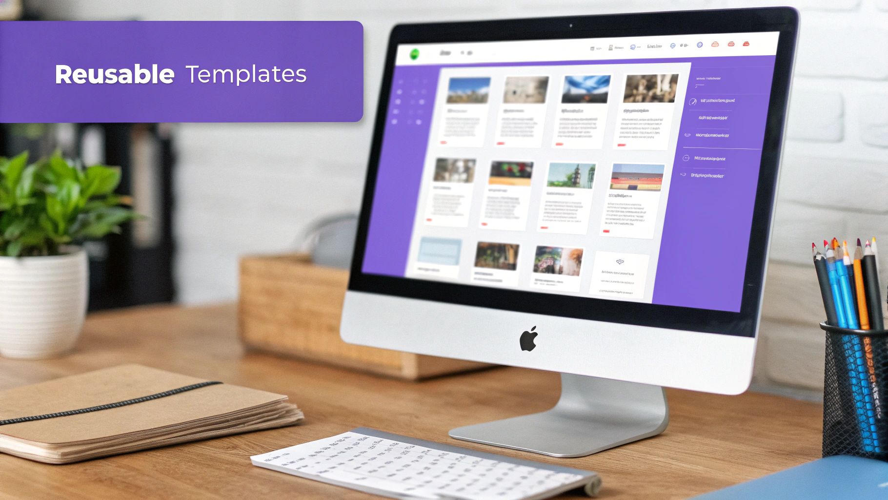 A modern iMac computer displays a website featuring 'Reusable Templates' and various content blocks on a wooden desk with office supplies.