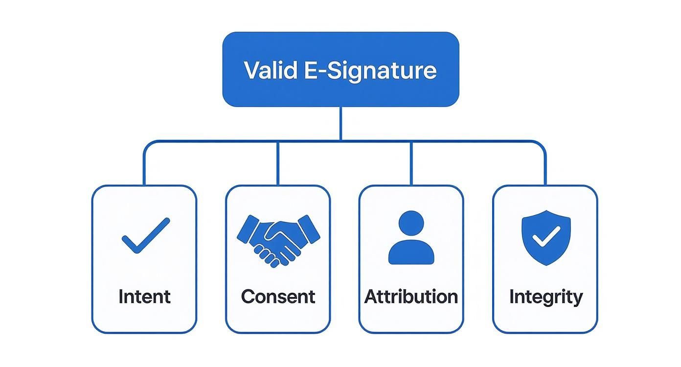 Flowchart outlining the four essential requirements for a valid electronic signature: Intent, Consent, Attribution, and Integrity.