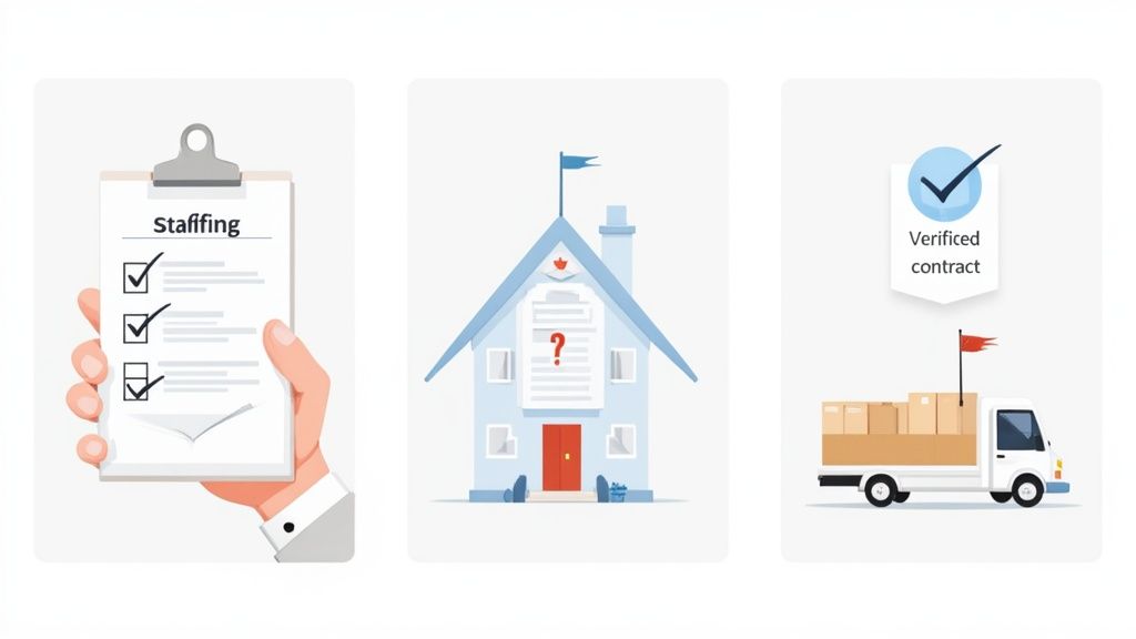 A person at a desk comparing different AI software options on a computer screen, with checklists and icons.