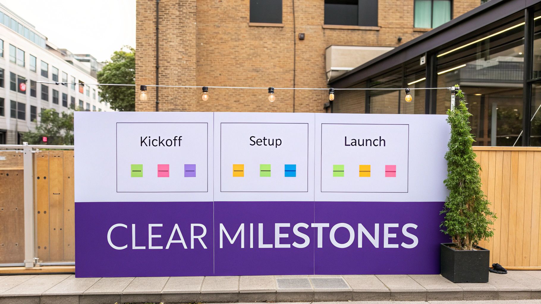 An outdoor sign details project phases: Kickoff, Setup, Launch, with "CLEAR MILESTONES" written below.