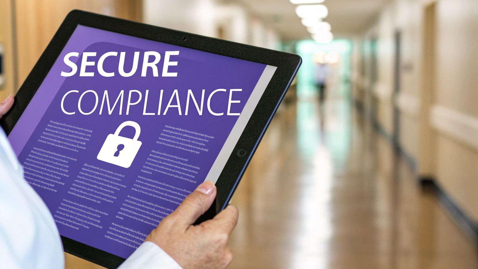 A digital lock and shield overlaying a healthcare contract, symbolizing robust security protocols.