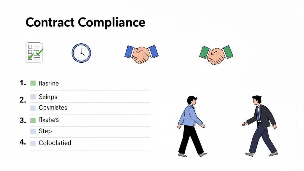 An illustration titled 'Contract Compliance' with icons of a checklist, clock, handshakes, and two men walking.