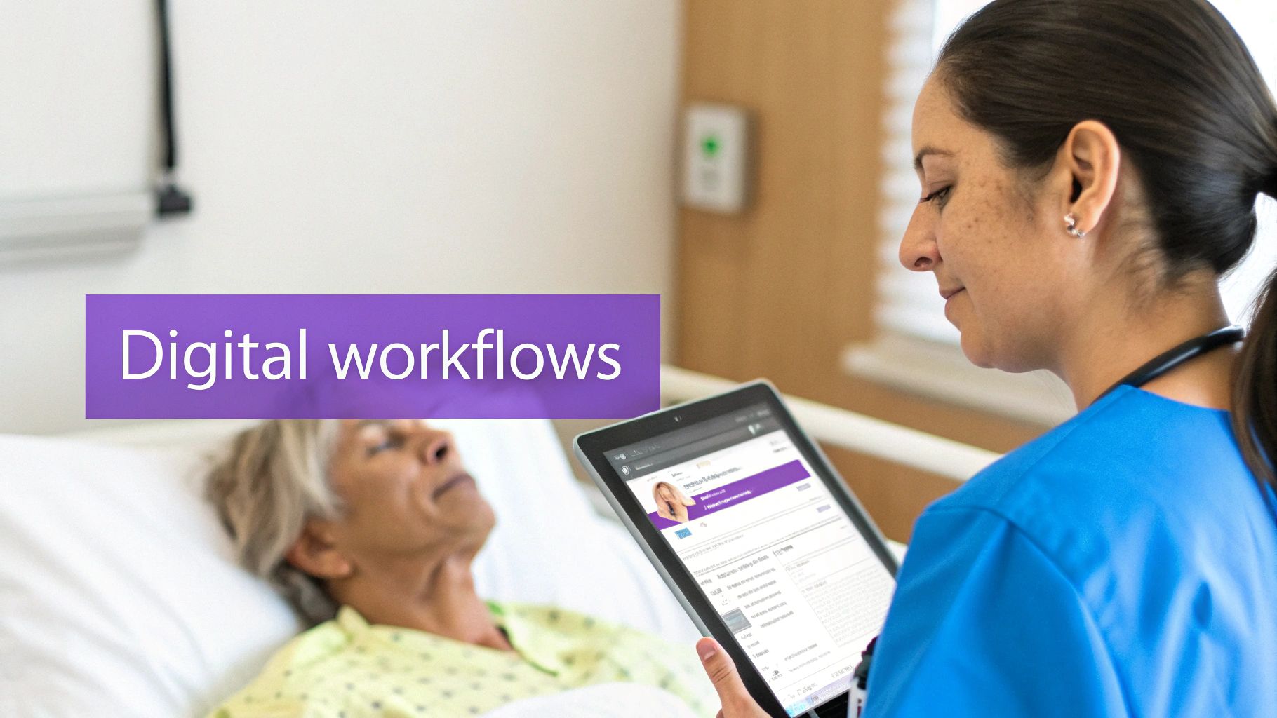 A healthcare professional uses a tablet for digital workflows next to a patient in a hospital bed.