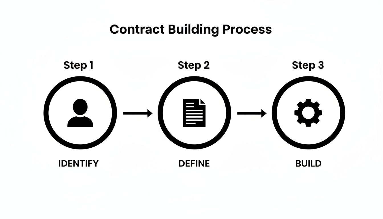 A three-step contract building process diagram showing identify, define, and build stages.