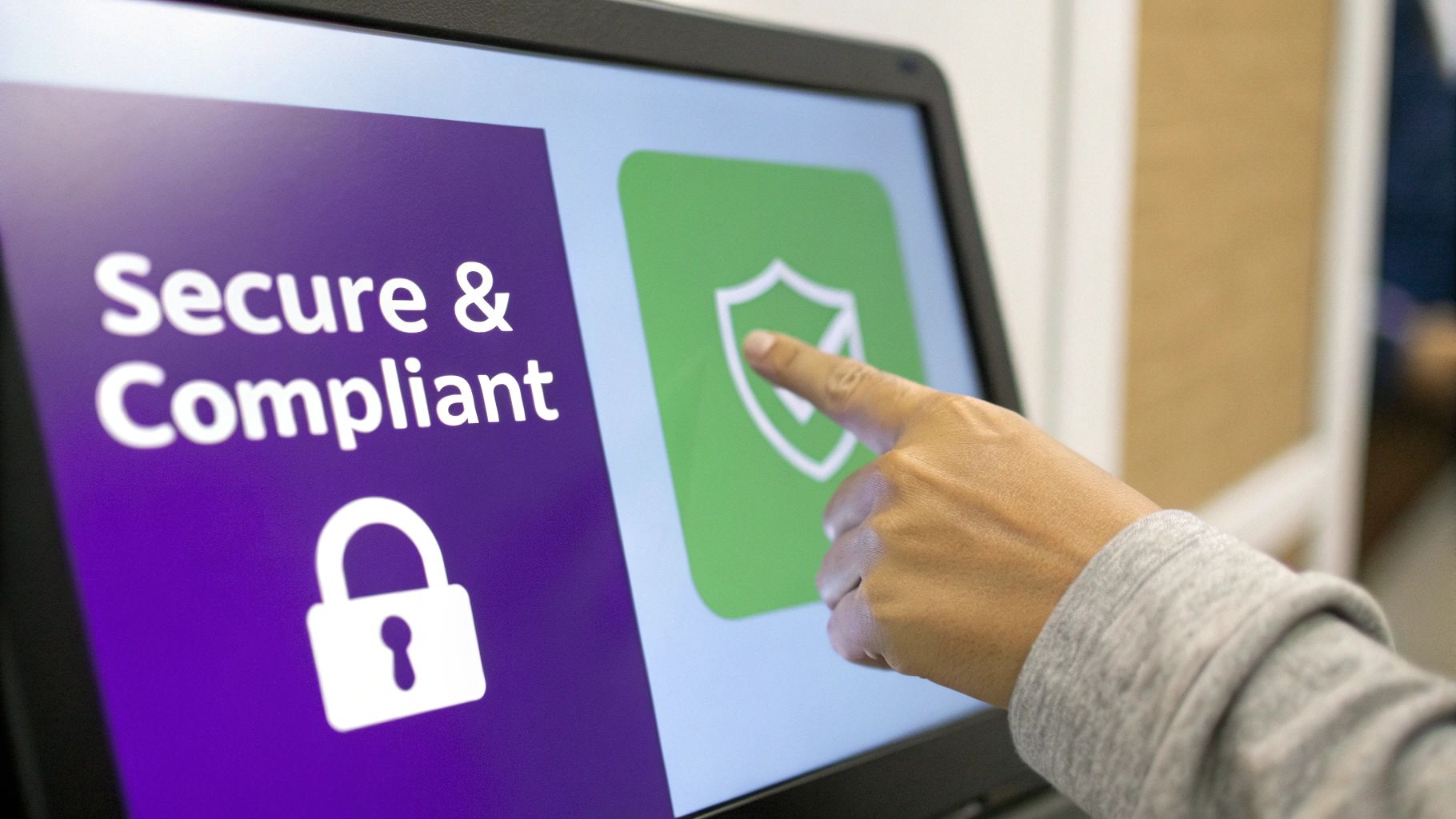 A hand touches a touchscreen displaying 'Secure & Compliant' with a padlock and a shield icon.