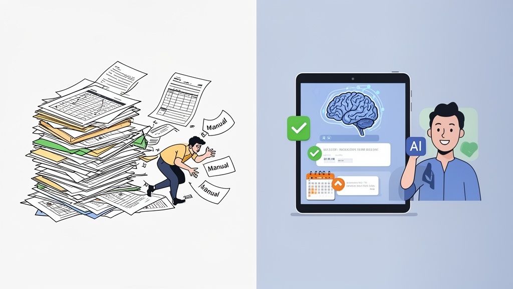A person overwhelmed by manual documents vs. a tablet with AI, representing digital efficiency.