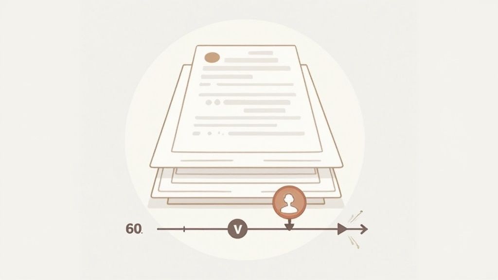 Illustration of stacked documents with a timeline showing a numerical marker, a letter 'V', and a person icon.