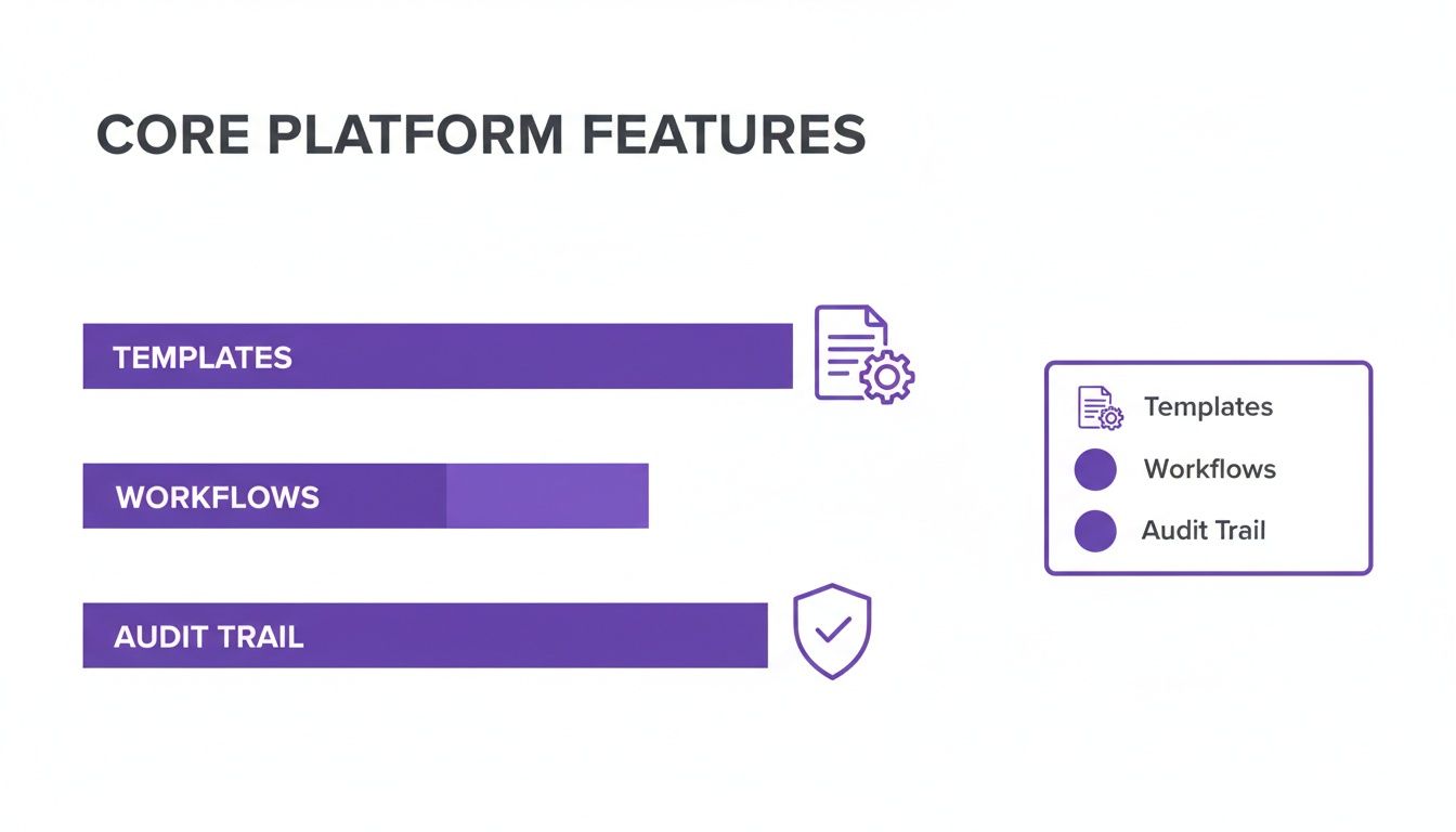An infographic highlighting core platform features: Templates, Workflows, and Audit Trail, with visual indicators.
