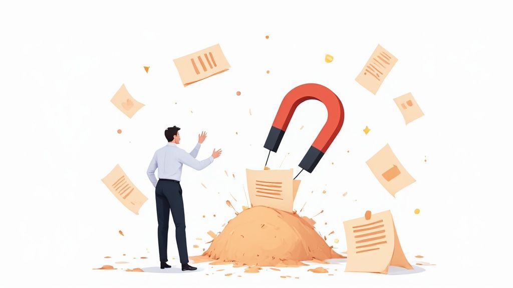 A person using AI to review a a contract on a digital screen, with data points and analysis overlaid on the document.