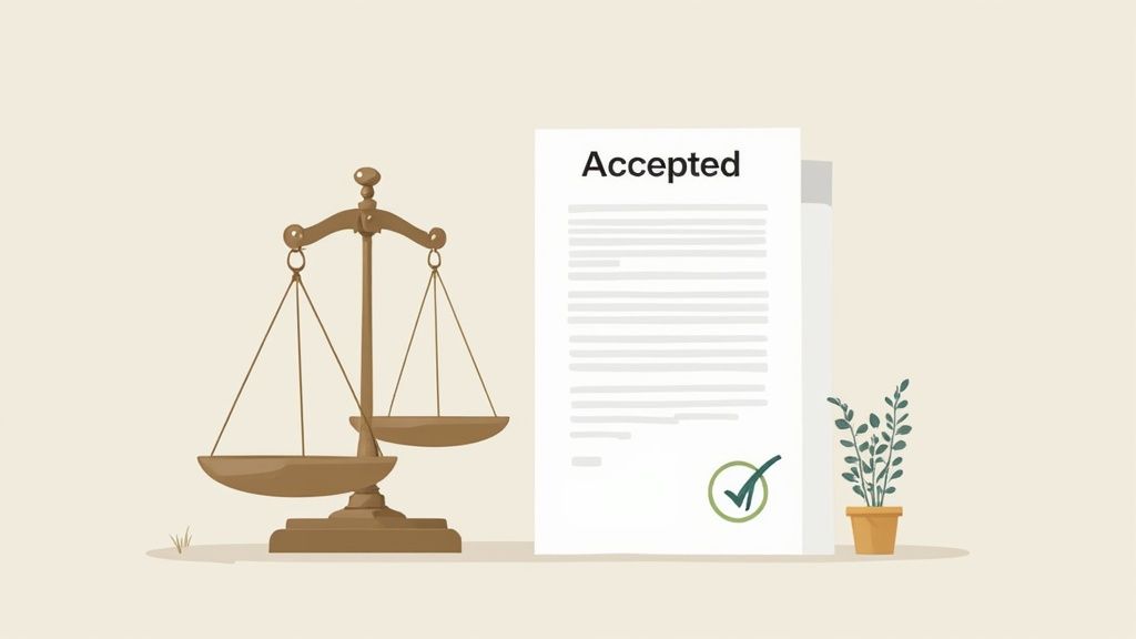 Illustration featuring scales of justice next to an 'Accepted' document with a green checkmark.