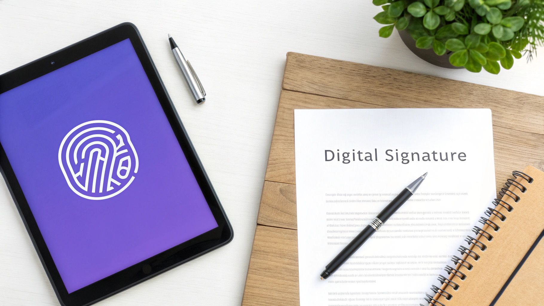 A tablet displaying a fingerprint icon next to a document titled 'Digital Signature', a pen, and a notebook.