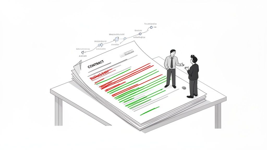 Two business figures discuss a contract document with visible redlining and green markups.