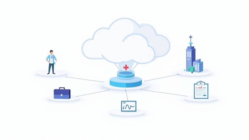 A cloud-based healthcare system connecting patient data, medical devices, facilities, and administration.