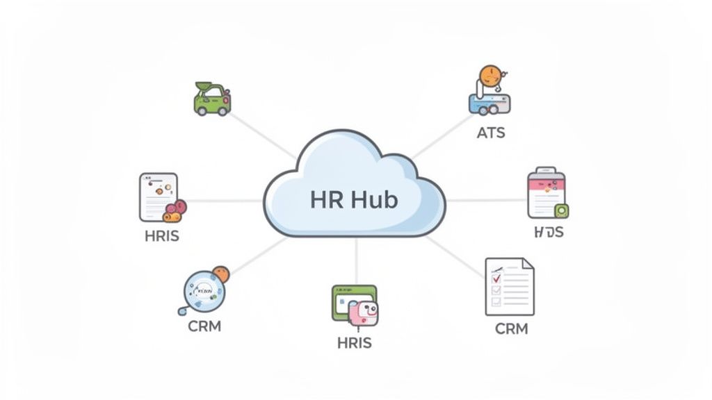 A diagram illustrating various HR systems like HRIS, ATS, and CRM connected to a central HR Hub cloud.