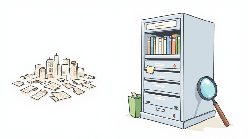 Illustration contrasting a messy pile of documents shaped like a city with an organized server cabinet and magnifying glass.