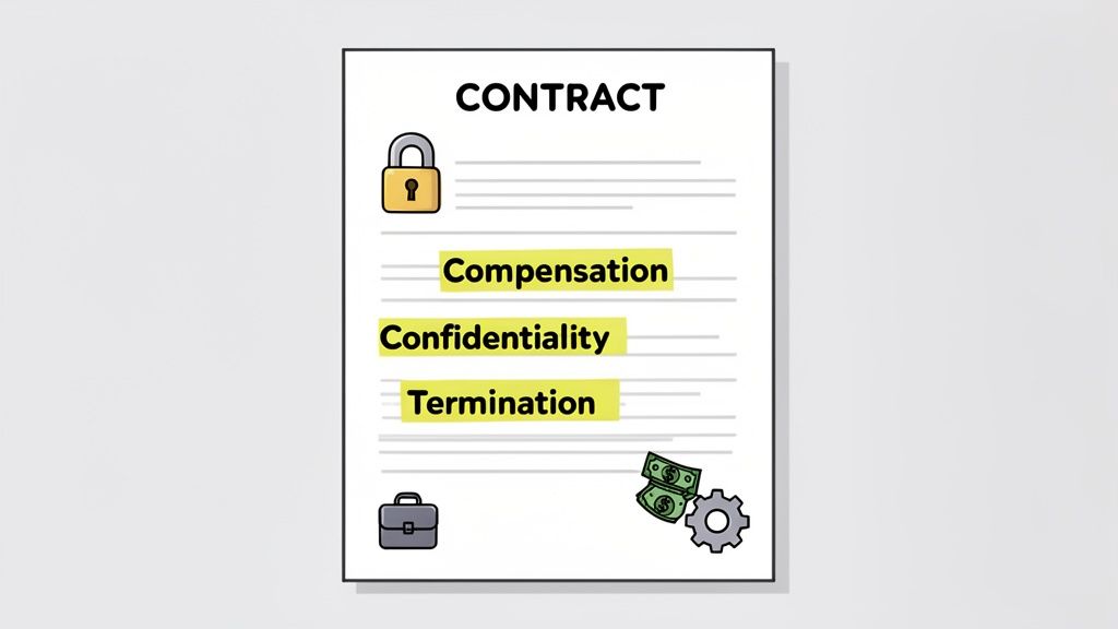 An illustration of an employment contract with sections for compensation, confidentiality, and termination, alongside symbols for security, work, money, and process.