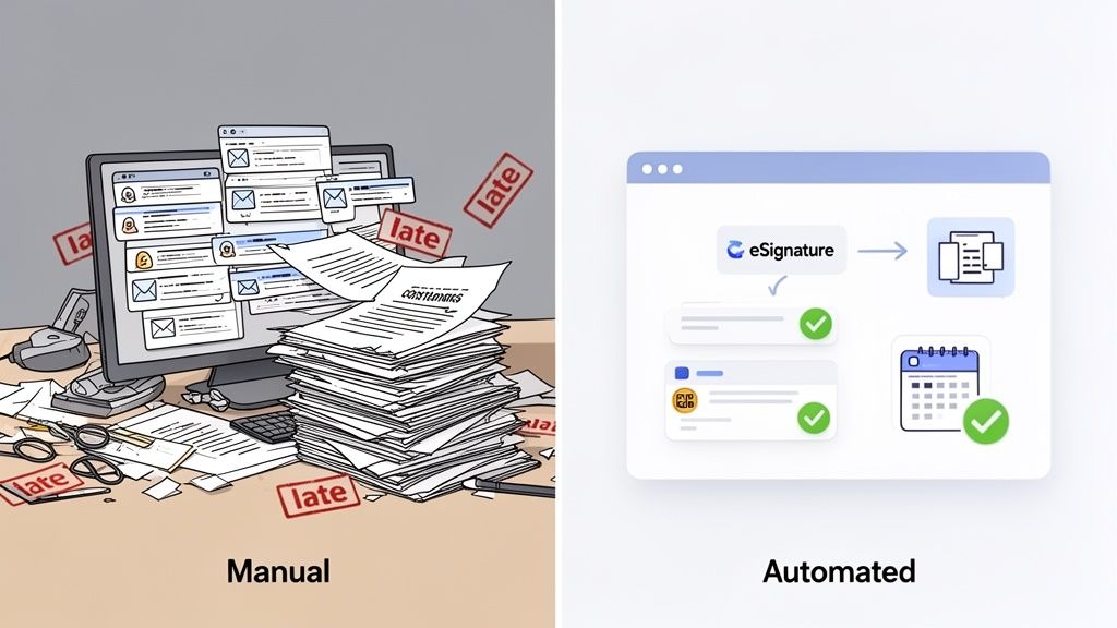 Illustration contrasting a chaotic manual document process with a streamlined, automated digital workflow.
