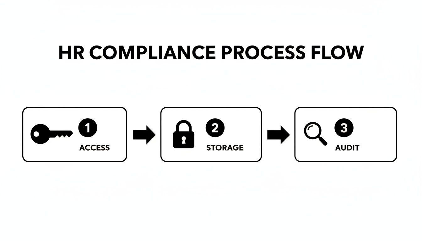 A clear HR compliance process flow showing steps for data access, secure storage, and regular audit.