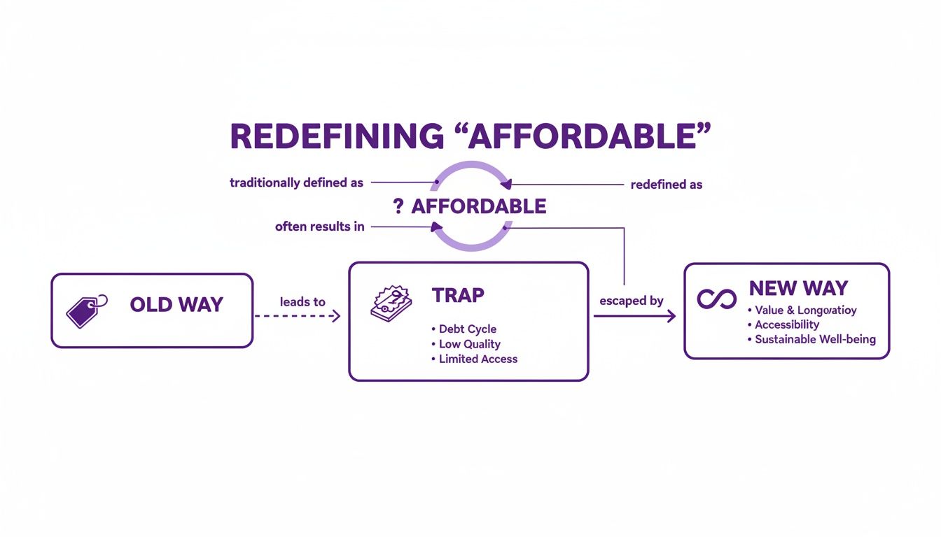 Diagram explaining the redefinition of 'affordable' from an old way leading to a trap, to a new way.
