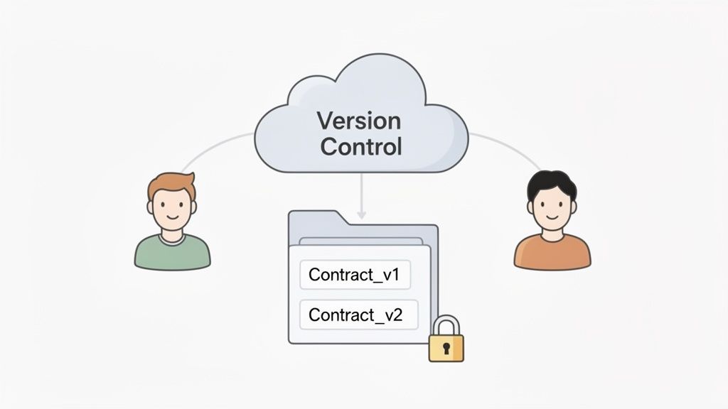 Illustration showing two users managing contract versions through a secured version control cloud system.