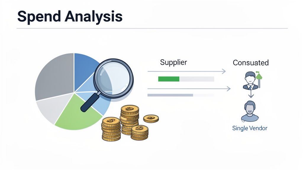 Graphic showing spend analysis, a pie chart, coins, supplier bars, and vendor consolidation.