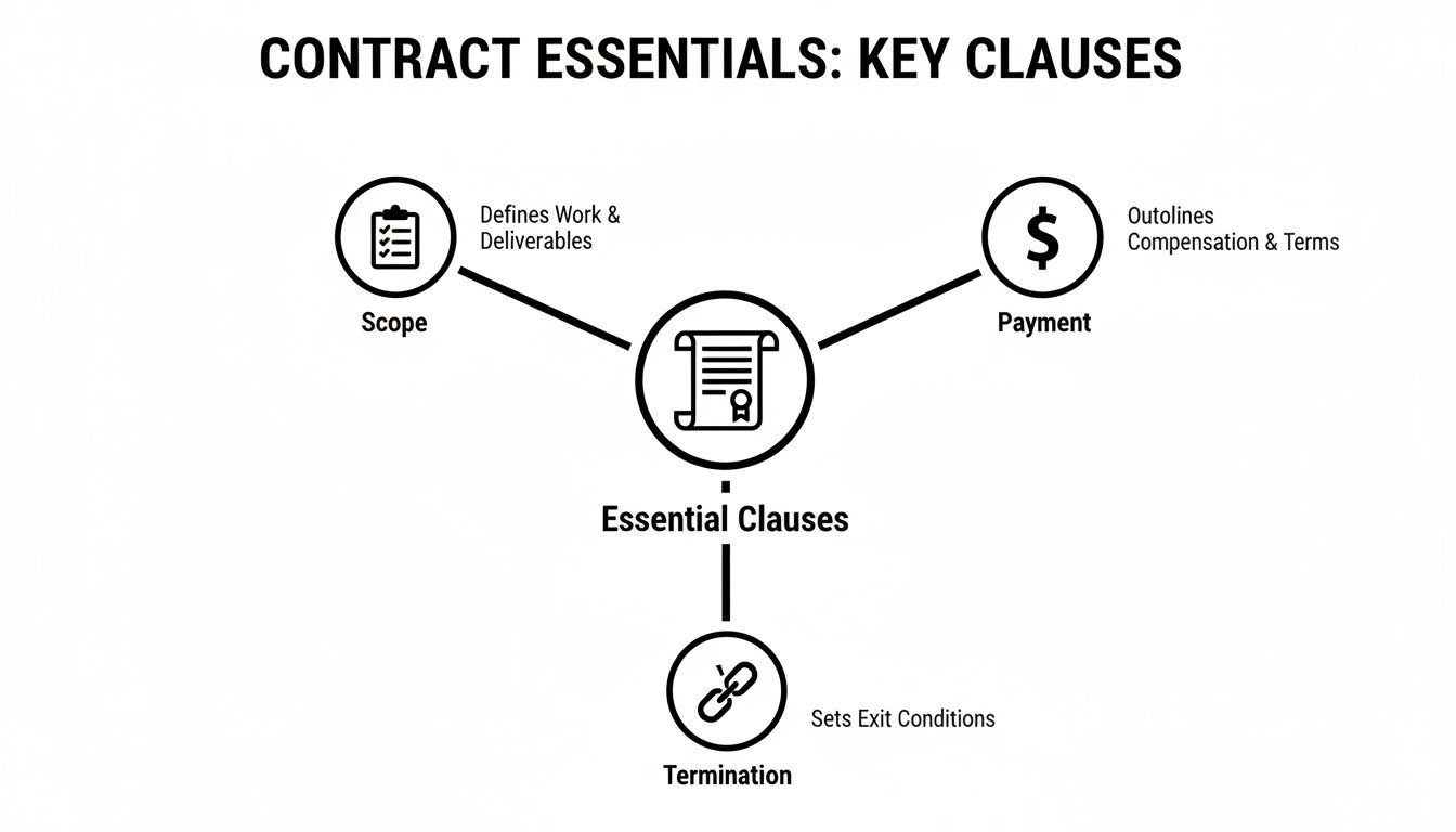 A diagram illustrating essential contract clauses: Scope, Payment, and Termination, with their definitions.