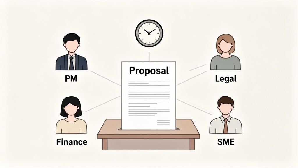 An illustration showing a proposal document at the center, surrounded by team roles (PM, Legal, Finance, SME) and a clock.