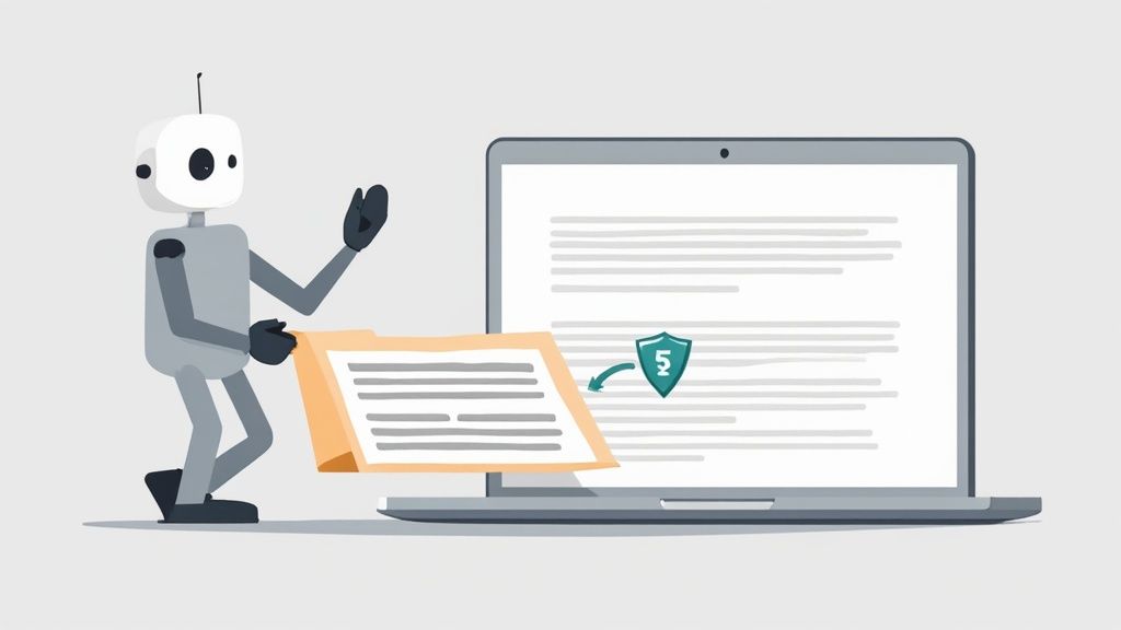 Robot presenting digital document transfer from computer screen with security shield icon illustration