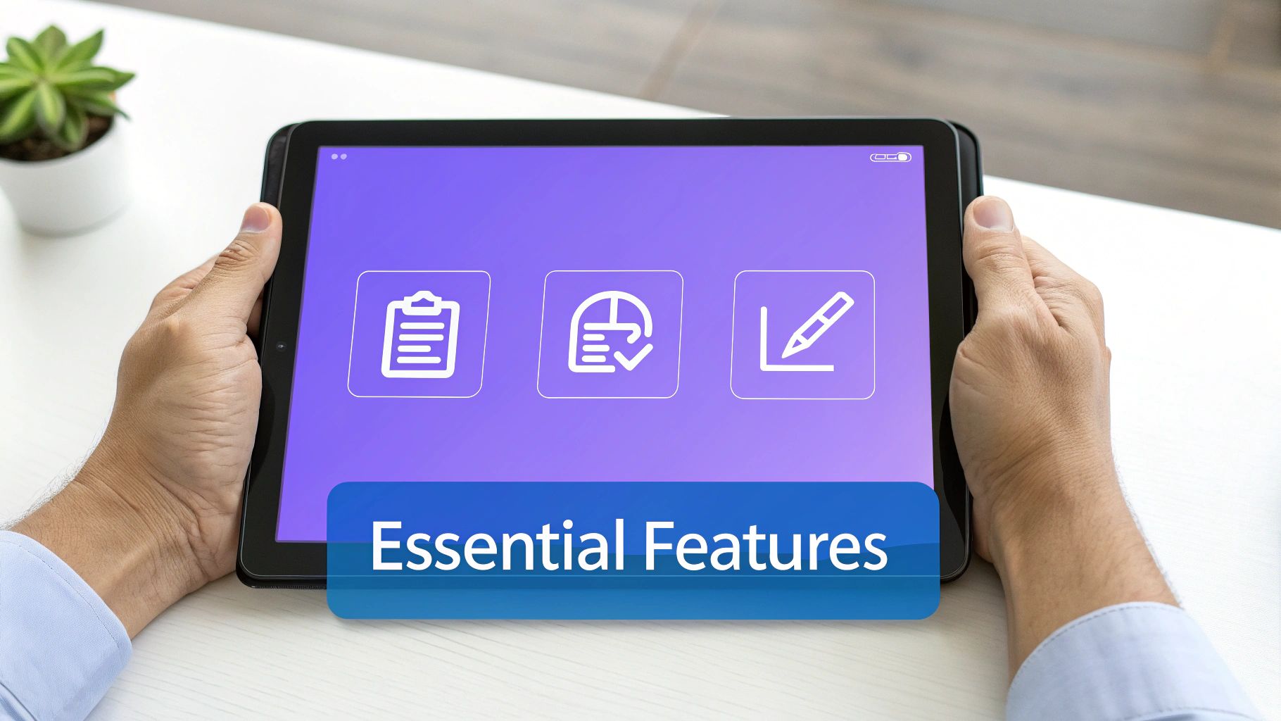 A person holds a tablet displaying a purple screen with 'Essential Features' text and three icons.