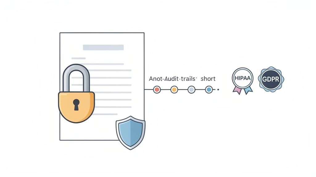 An illustration showing secure document management with audit trails, adhering to HIPAA and GDPR regulations.