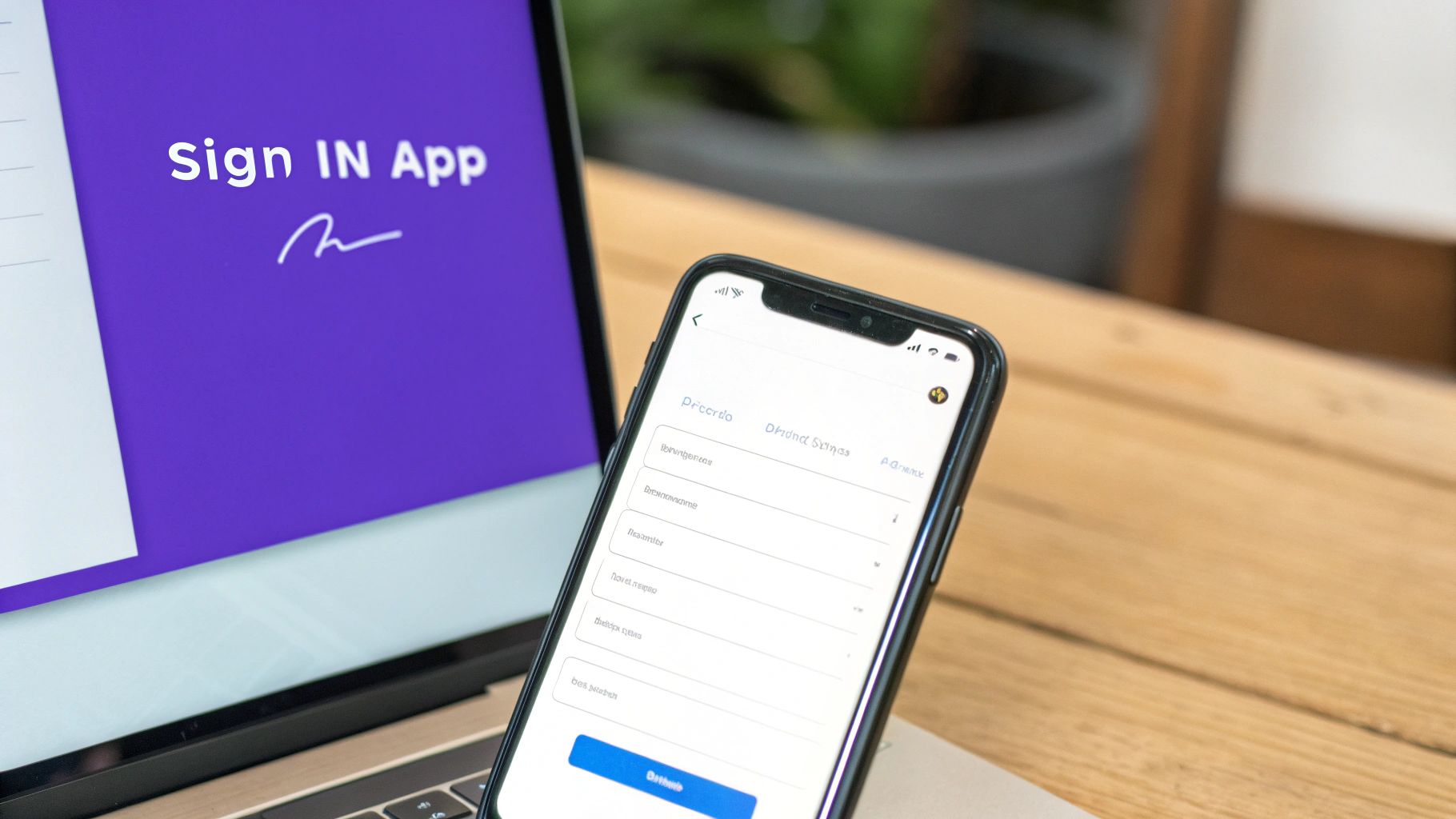 A smartphone displaying a form sits in front of a laptop showing 'Sign IN App' on a purple screen.