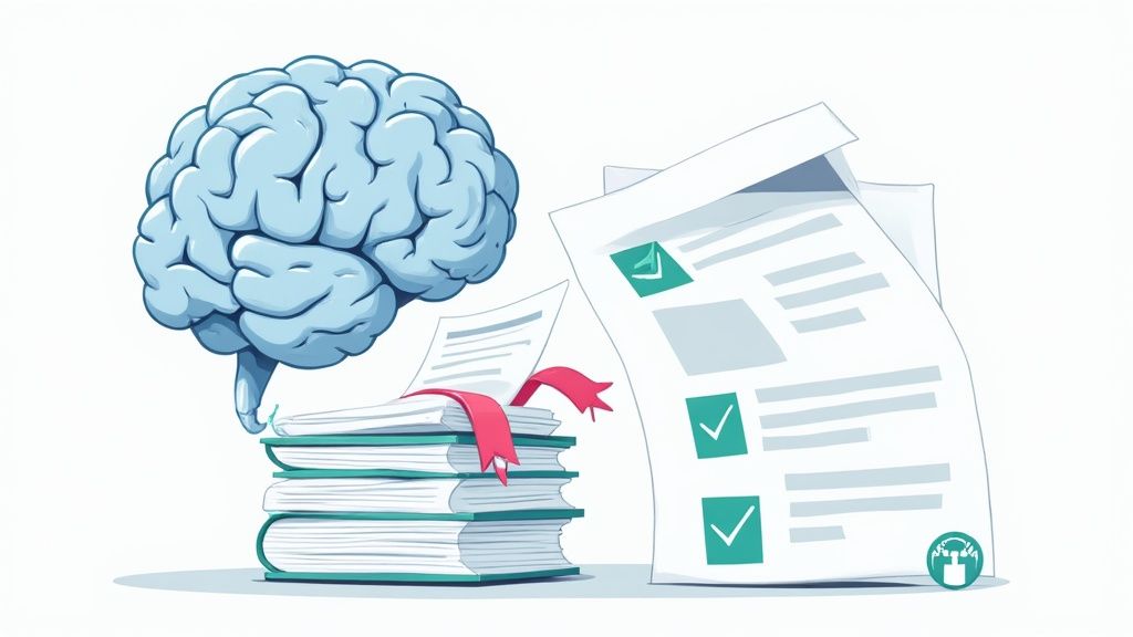 AI-powered software analyzing a digital healthcare contract, highlighting key terms and clauses, illustrating the future of contract review.