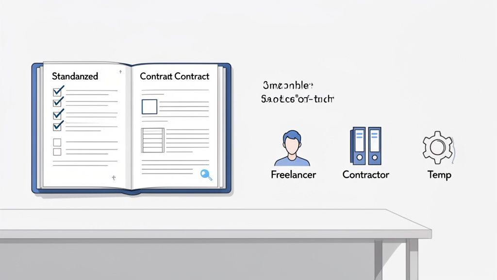 Illustration comparing standardized and contract agreements, with icons for freelancer, contractor, and temporary workers.