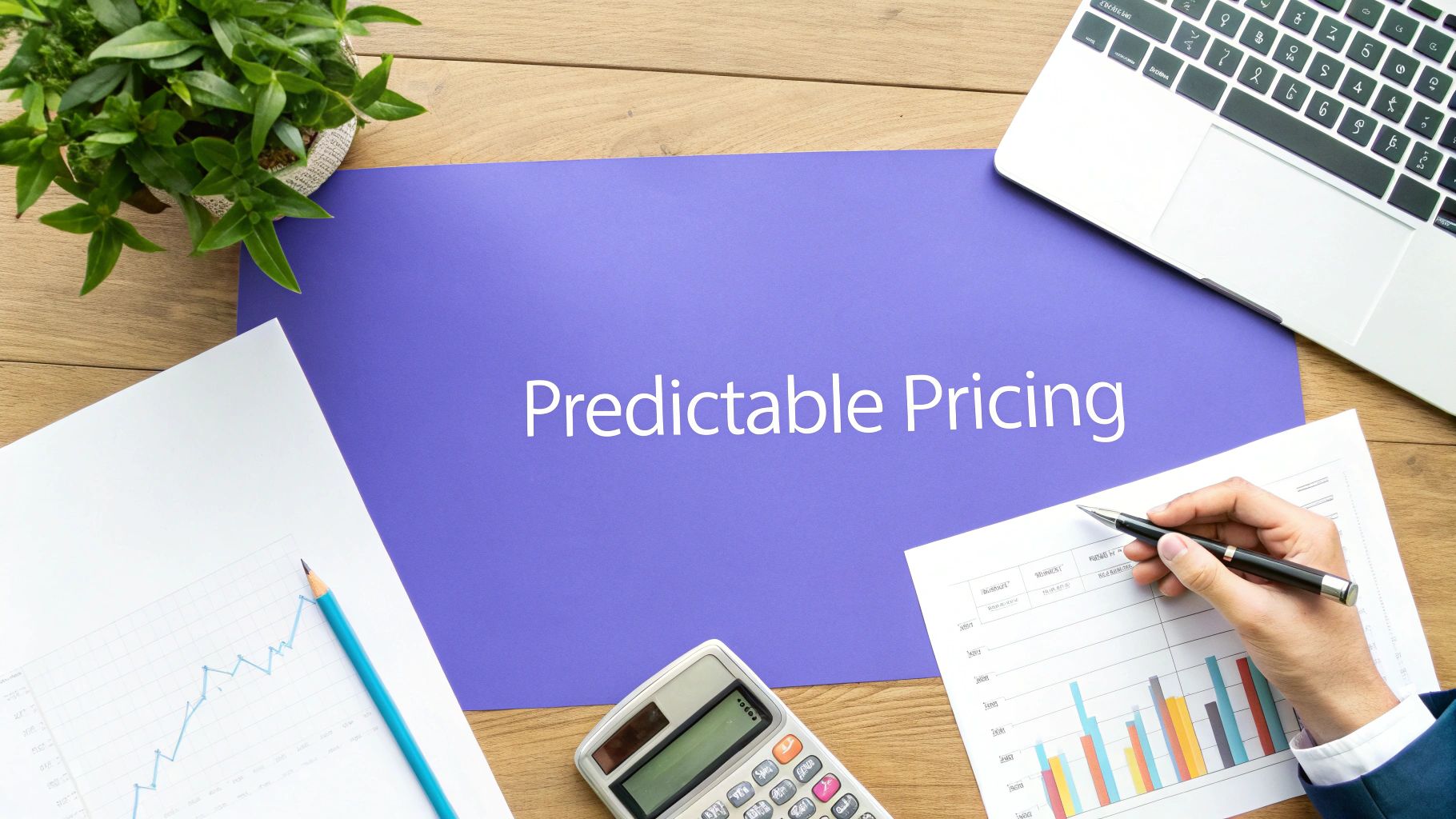 A desk flat lay with "Predictable Pricing" text, graphs, a calculator, laptop, and a plant.