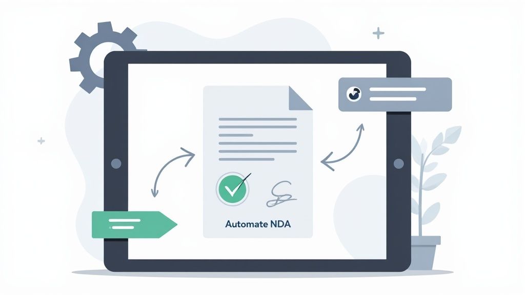 An illustration of a tablet displaying an automated NDA document with a signature and checkmark, surrounded by workflow icons.