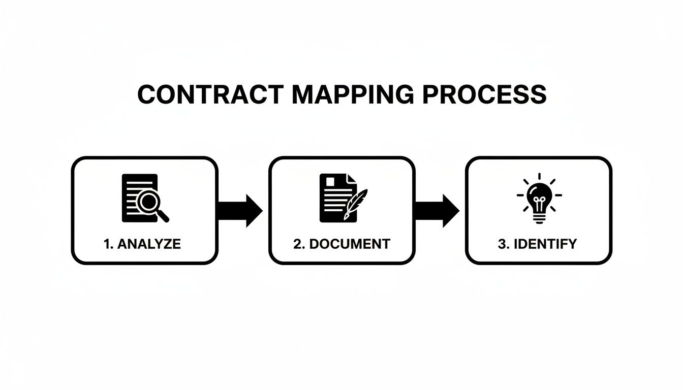 Contract mapping process flowchart showing steps: analyze, document, and identify key contract elements.