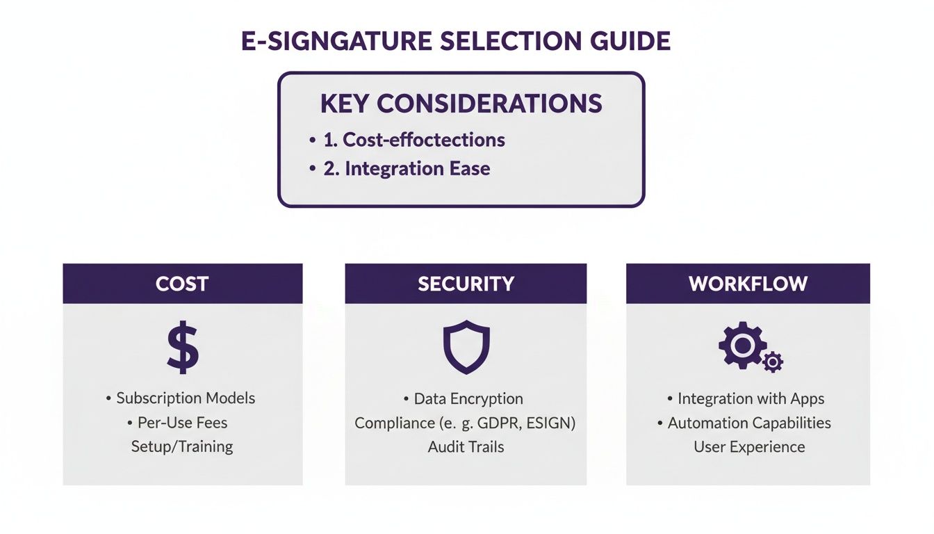 Infographic outlining an e-signature selection guide, detailing cost, security, and workflow considerations.