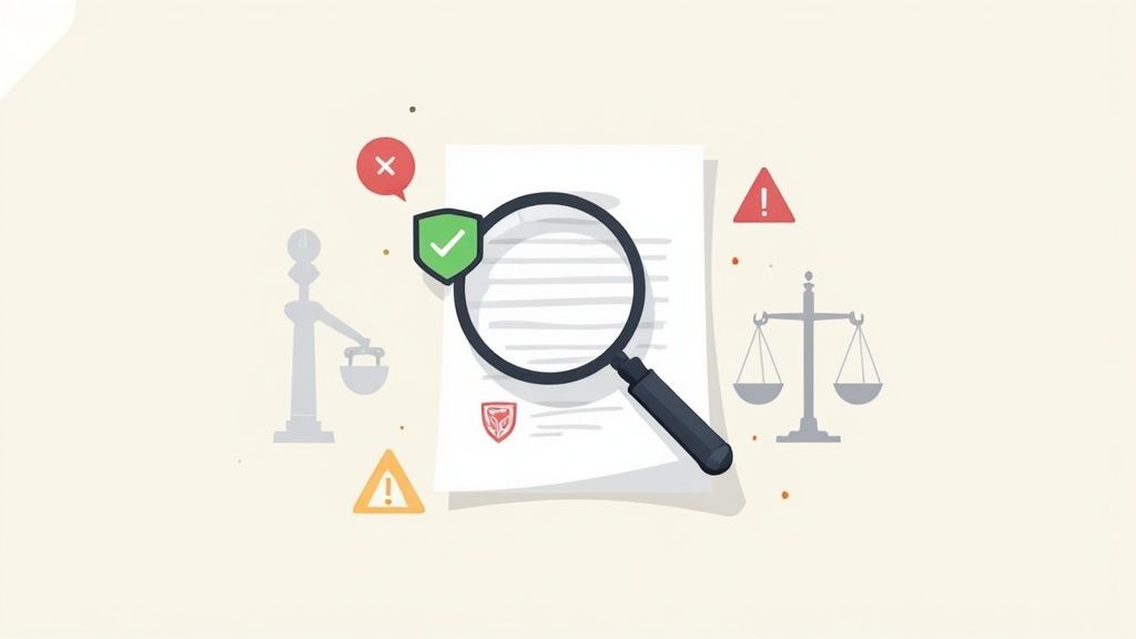 Illustration of a magnifying glass over a document with security, warning, and justice scales.