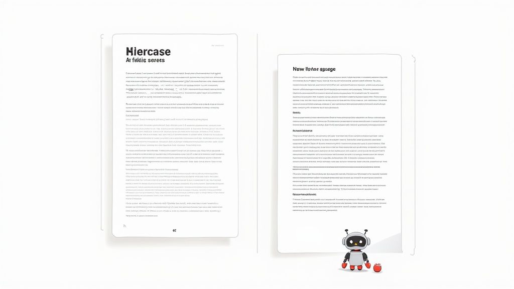 Two digital document pages with placeholder text and a cute robot illustration.