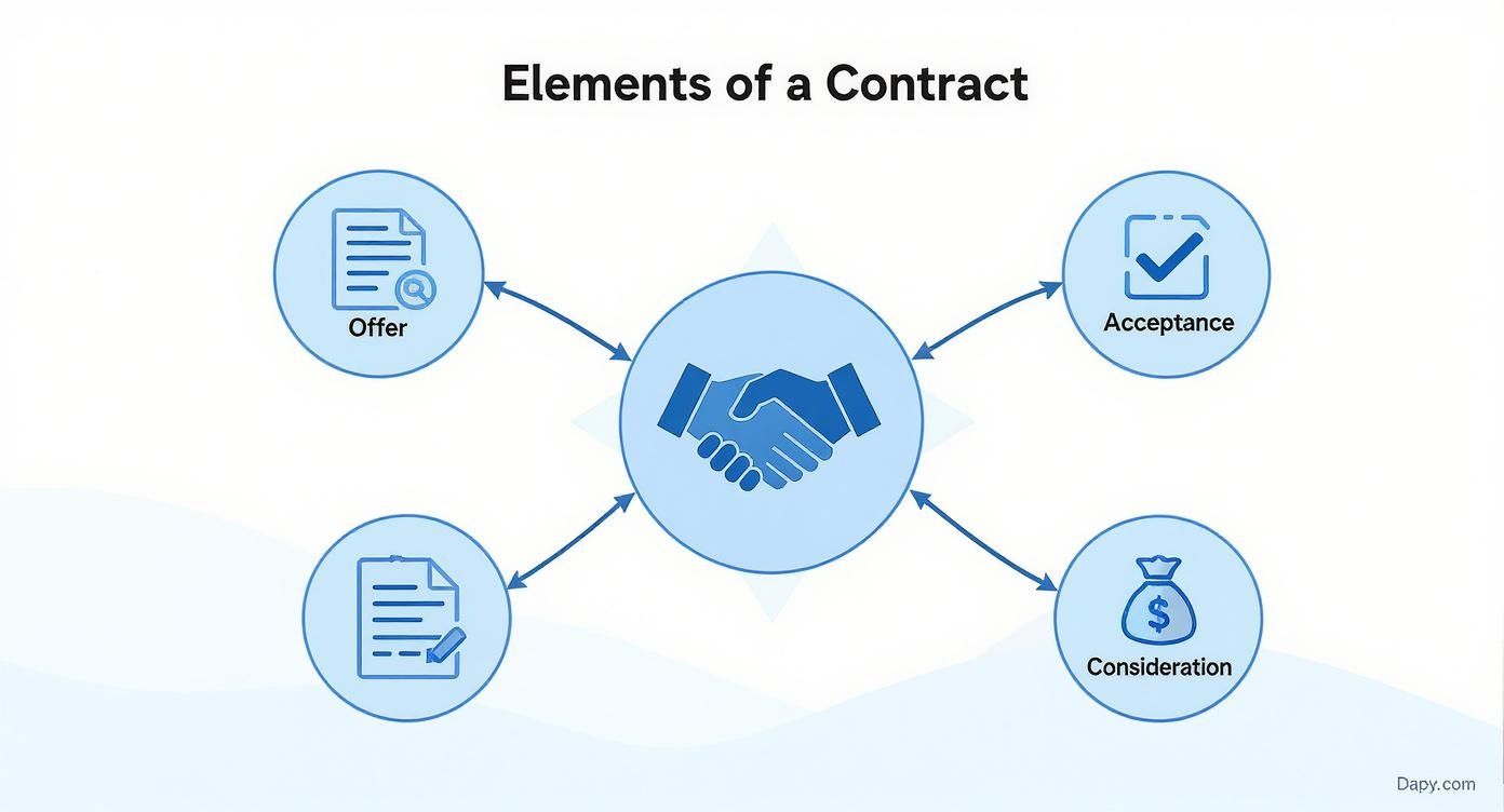 Diagram showing the four essential elements for forming a legal contract, centered around a handshake.