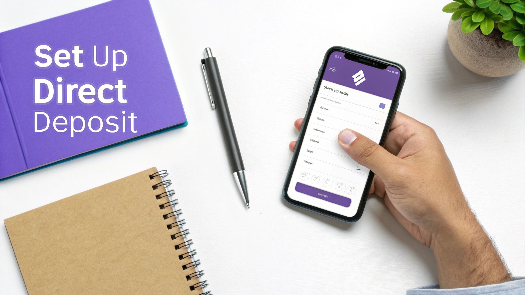 A desk flat lay showing a hand holding a smartphone with a direct deposit form, a purple notebook, and a pen.