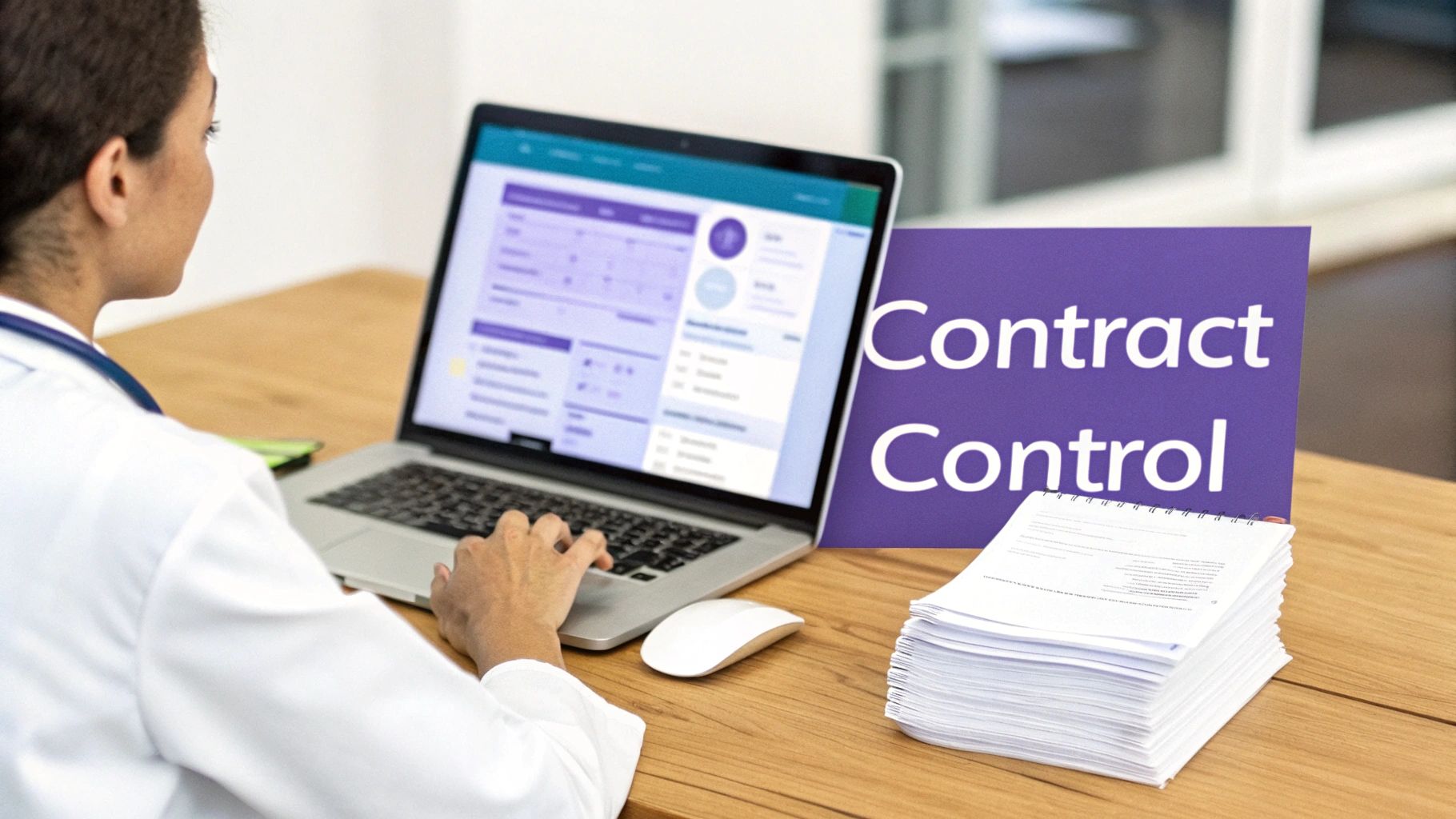 A person in a white coat types on a laptop next to a 'Contract Control' sign and documents.