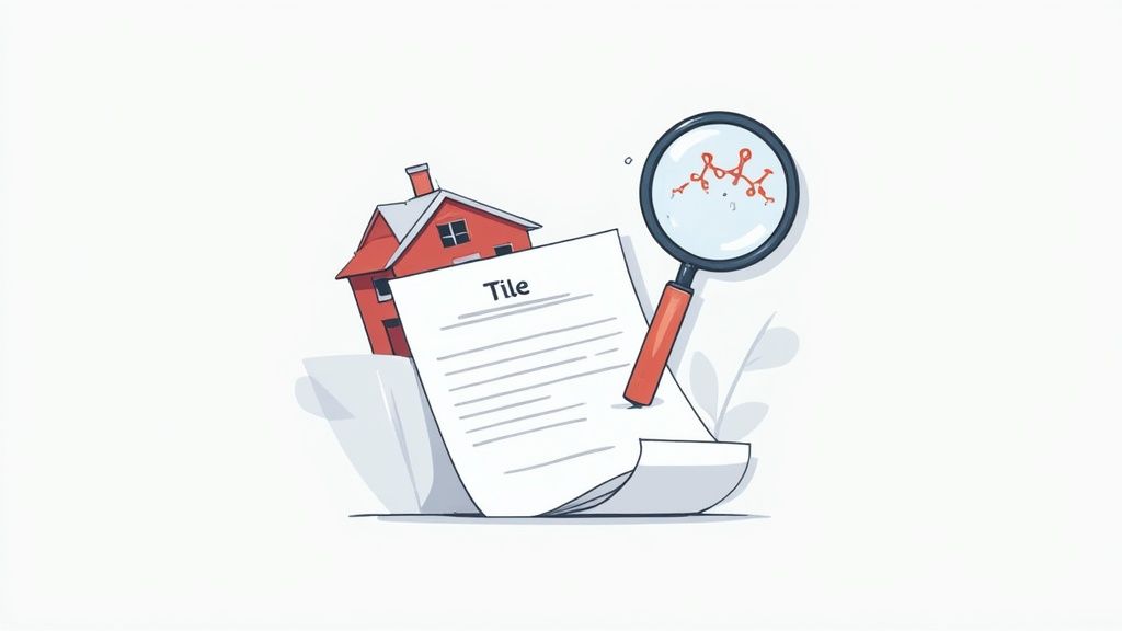 An illustration of a red house, a document titled 'Title', and a magnifying glass revealing abstract red issues.