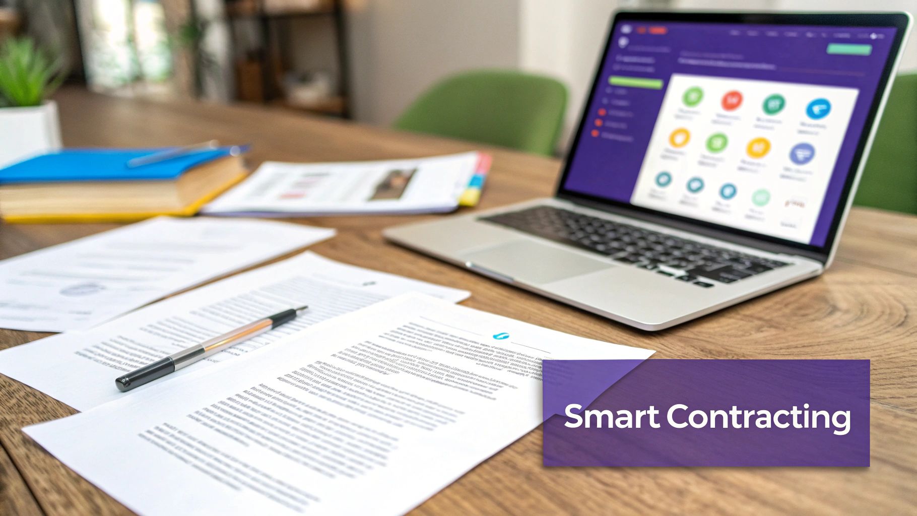 A person working on a laptop with digital contract icons floating around, symbolizing efficient contract management.