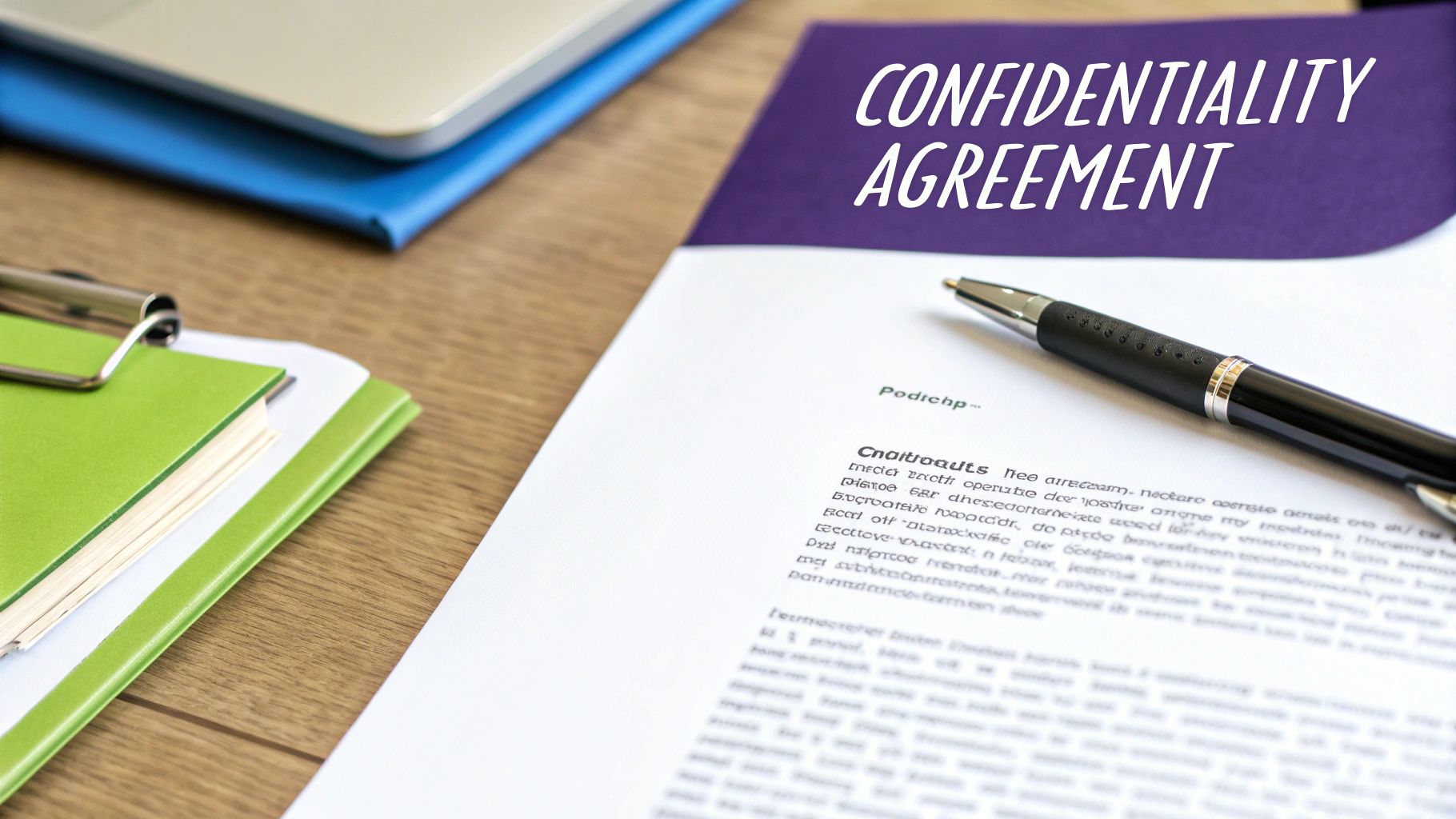 A pen rests on a 'CONFIDENTIALITY AGREEMENT' document on a wooden desk, with office supplies.
