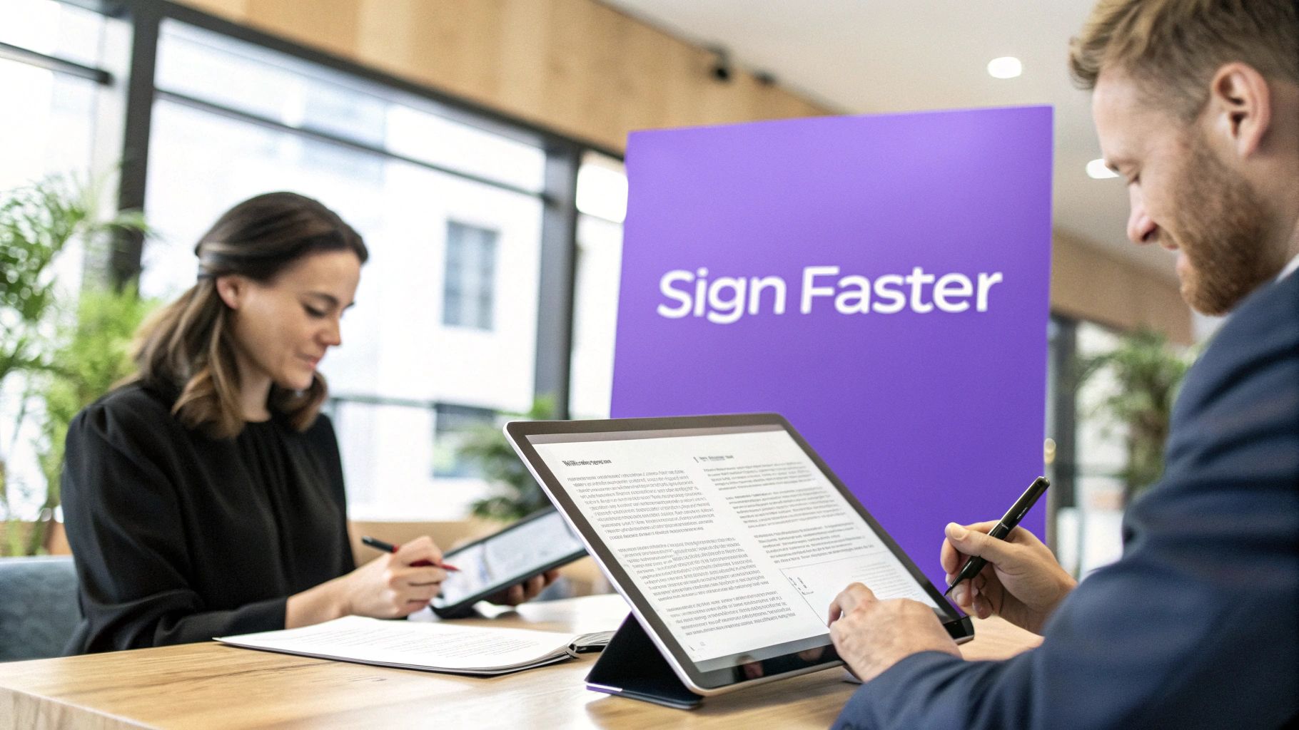 Two professionals use digital tablets and styluses to sign documents electronically in an office with a 'Sign Faster' banner.